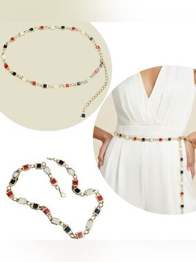 Vintage Gold Chain Belt with Red, Navy Blue and White Enamel Squares